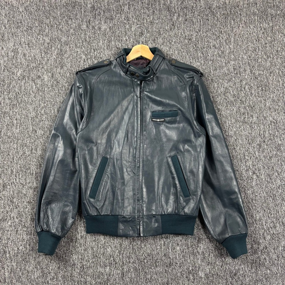 Vintage 80s Members Only Cafe Racer Leather Jacket Dark Teal Blue Gray Medium